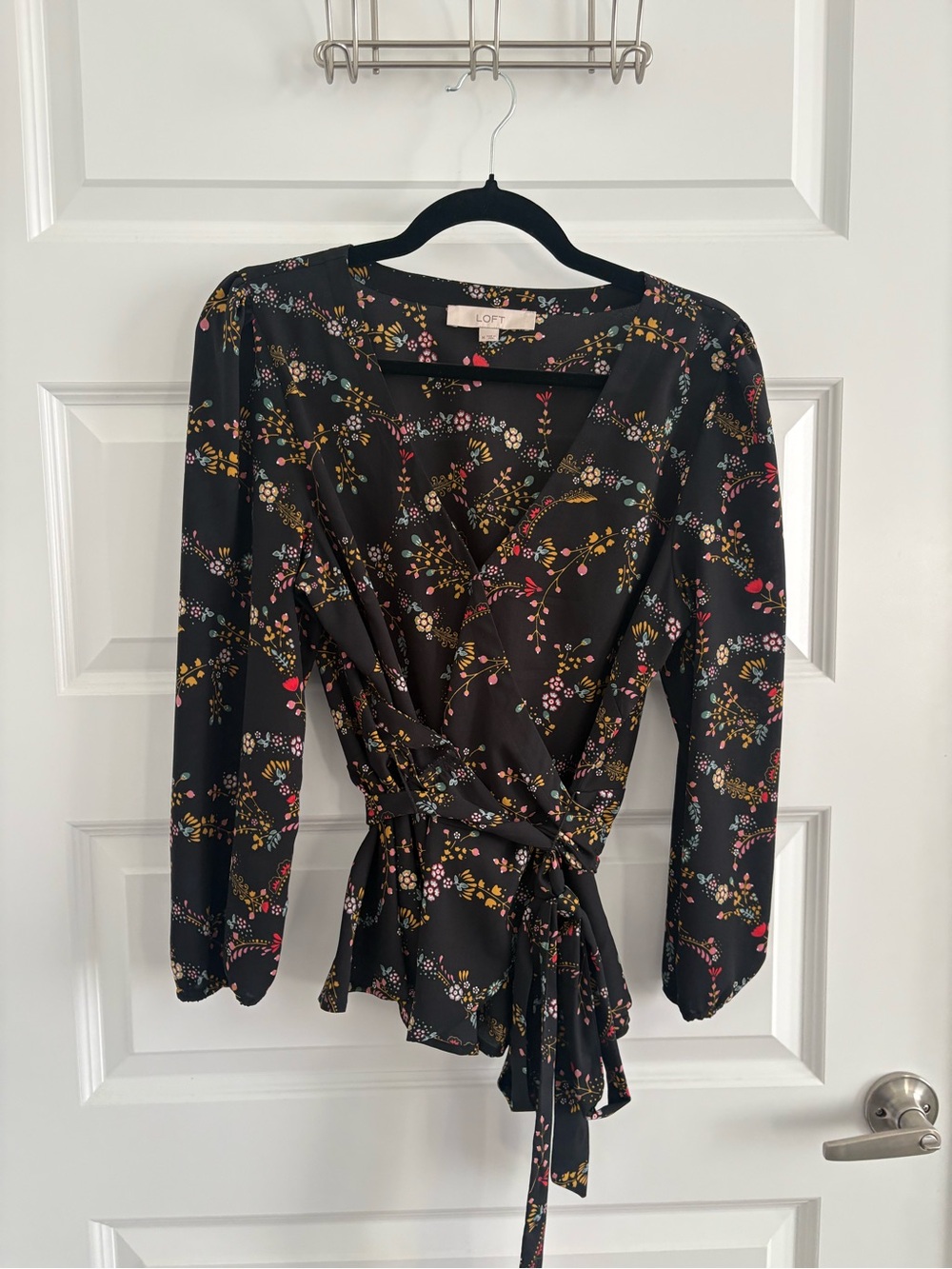 LOFT Black Floral Wrap Top with Multicolor Sprigs